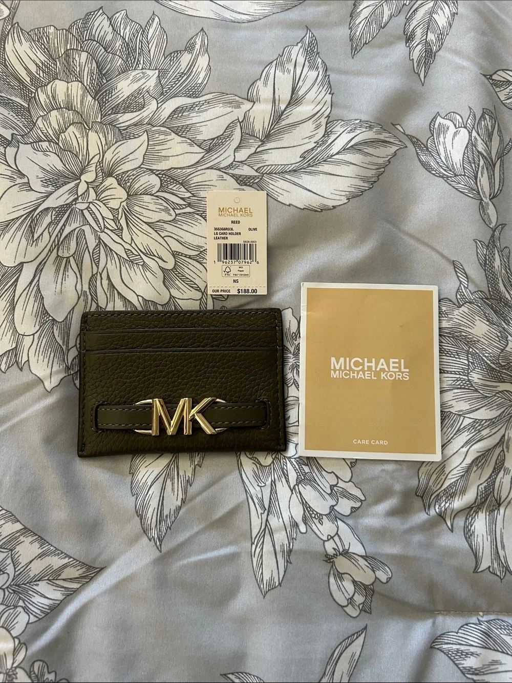 Michael Kors Olive MK Logo Pebbled Leather Card Holder with Gold Hardware